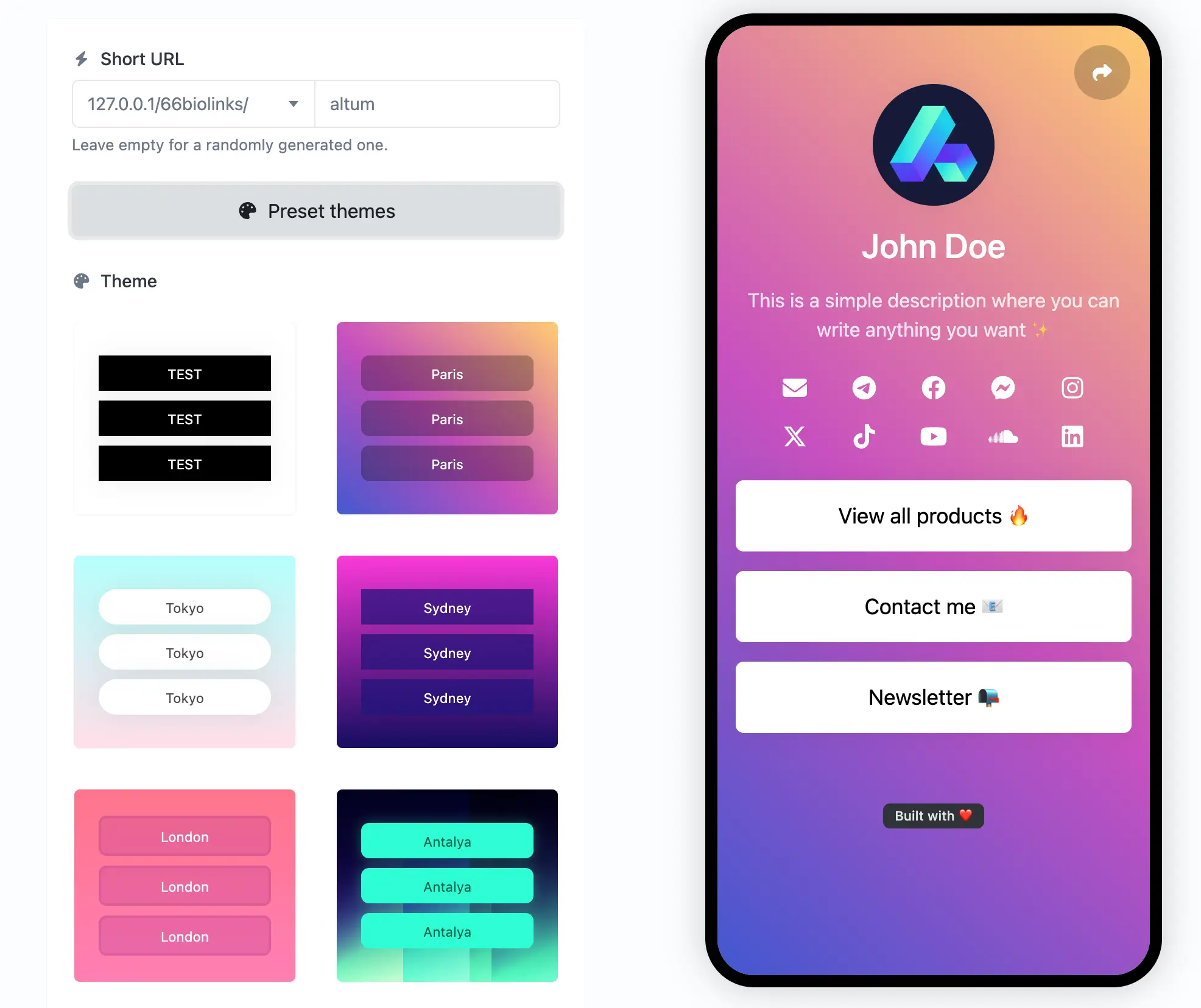 Captura de pantalla de la página de edición de enlaces biológicos de la aplicación